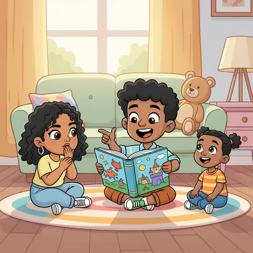 Inspired by their reading time with Olwethu, Lubanzi decided it was his turn to 'read' a giant picture book to his siblings. He held the book upside down, pointing emphatically at the colorful illustrations and narrating a wildly imaginative story with dramatic gestures and funny voices. Nandi and Olwethu listened with mock seriousness, occasionally bursting into laughter.