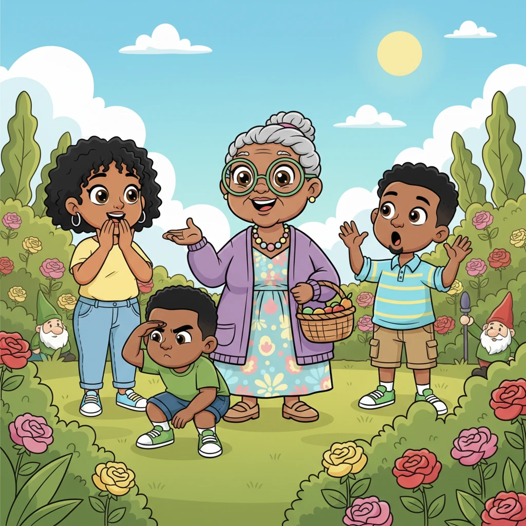 One afternoon, Granma Hlophe, with a twinkle in her eye, announced a very special mission: "I heard a whisper that a very rare, very fluffy llama might be lost in our garden!" Nandi's eyes widened, Olwethu gasped playfully, and Lubanzi immediately started scanning the rose bushes with intense focus. The adventure had officially begun!