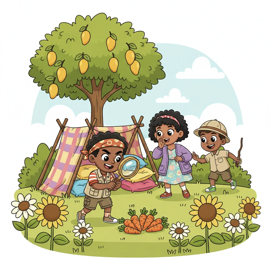 The three siblings transformed into intrepid explorers, embarking on an imaginative 'llama rescue' mission. They built a 'llama trap' out of blankets and pillows under the big mango tree, set out a 'bait' of juicy carrots, and tiptoed through the flowerbeds, whispering strategies. Nandi, armed with a toy magnifying glass, led the charge, convinced he saw llama tracks everywhere.