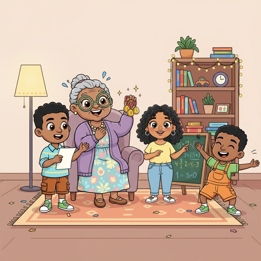 That evening, the children put on a grand 'Talent Show' for Granma Hlophe. Nandi recited a poem he'd written, Olwethu showcased her impressive math skills, and Lubanzi performed a silly dance, earning thunderous applause and more imaginary medals from their adoring granma. The house echoed with laughter and the warmth of family.