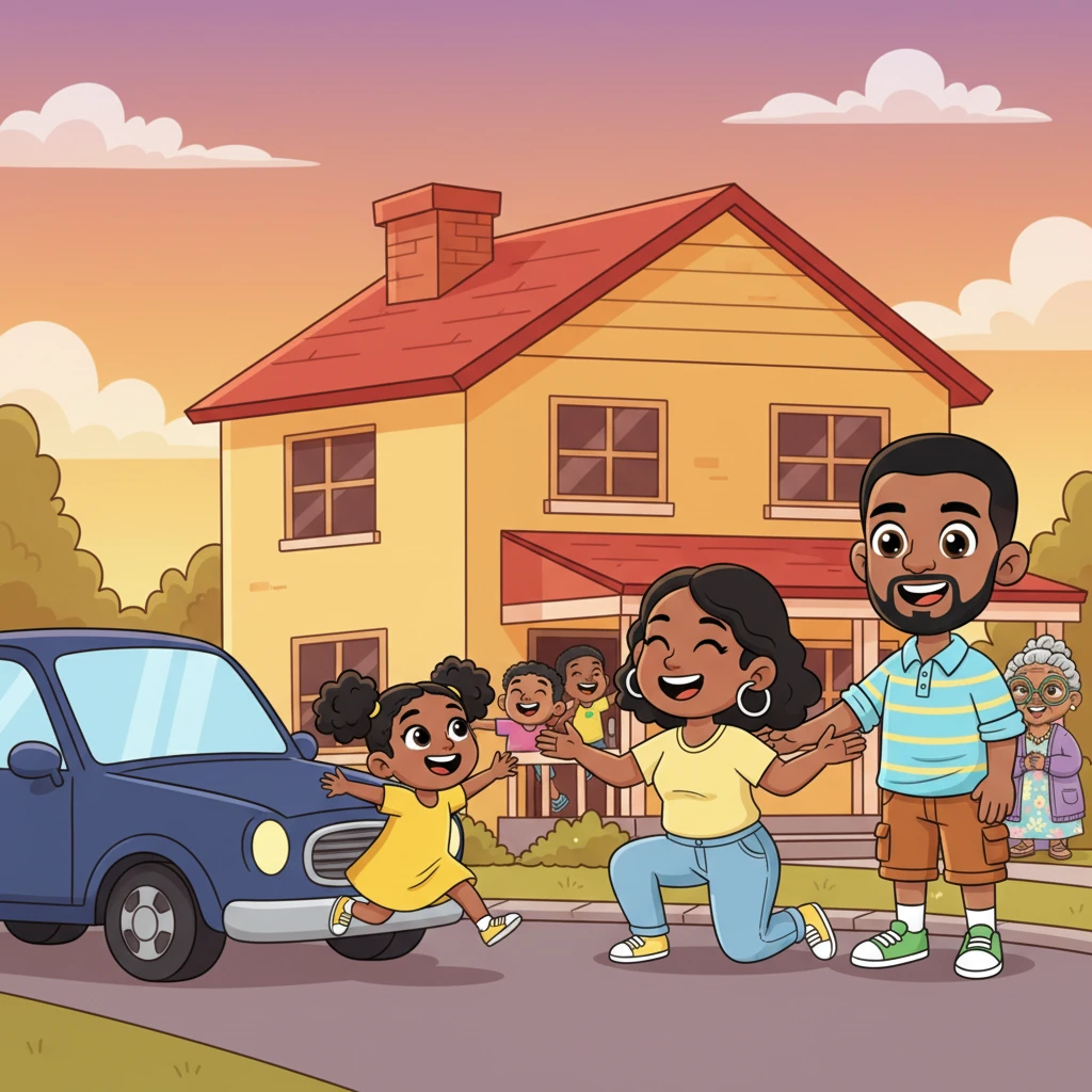 Just as the sun began to set on their final day, Mom Zama and Dad Khulekani's car pulled into the driveway. They were greeted by three excited children, tumbling out of the house, eager to share every hilarious detail of their incredible adventures and all the new things they had learned at Granma Hlophe's house. Hugs and happy chatter filled the air, promising future fun.