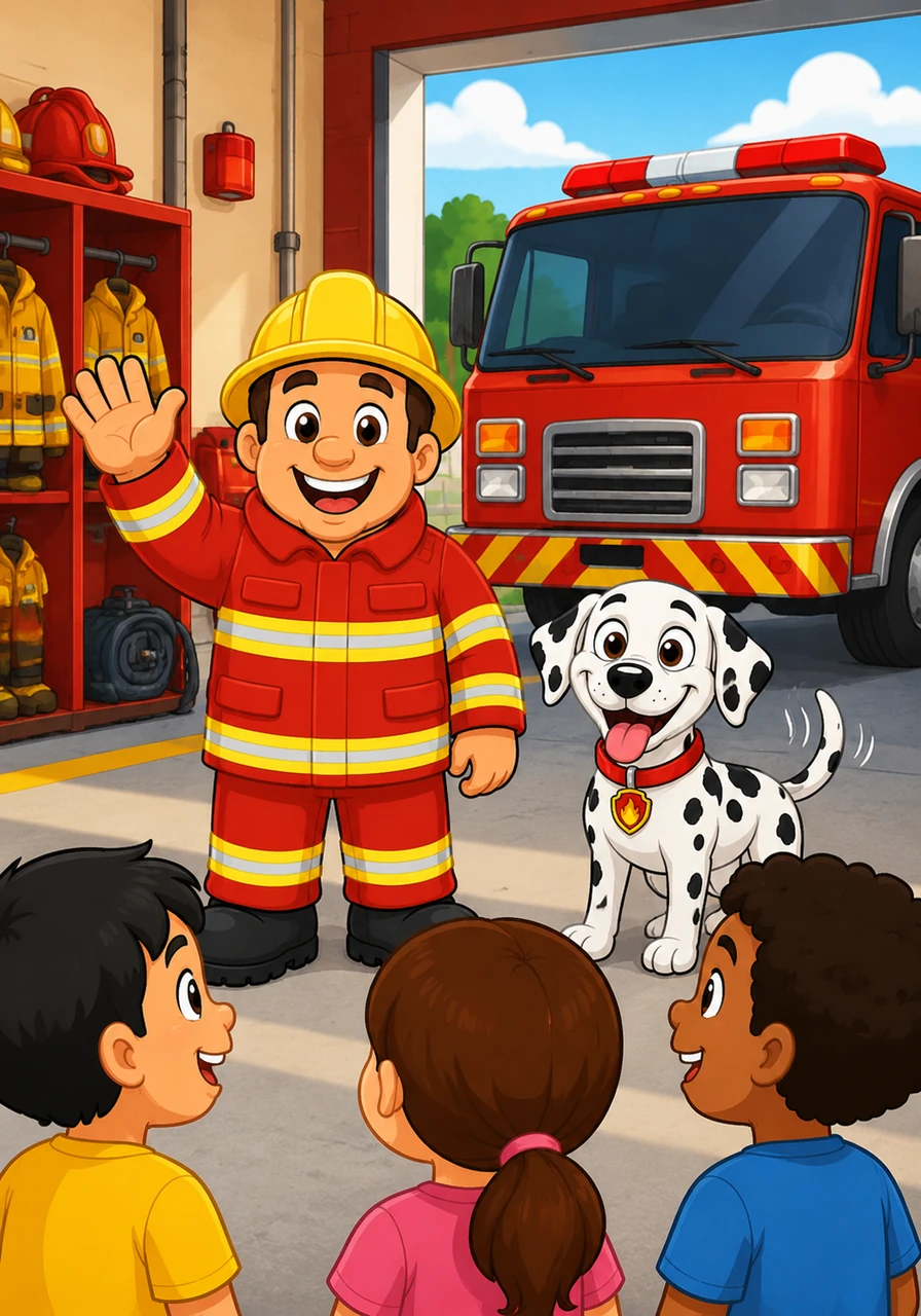 Firefighter Fred is at the busy fire station. He waves his hand and says, "Hello, friends!" The illustration shows a bright, colorful fire station with a big red truck. Fred is waving and Sparky the fire dog is wagging his tail. Target Vocabulary: Hello, Firefighter, Dog. AAC Core Words: HELLO, I, SEE. WH Question: Who is at the station?