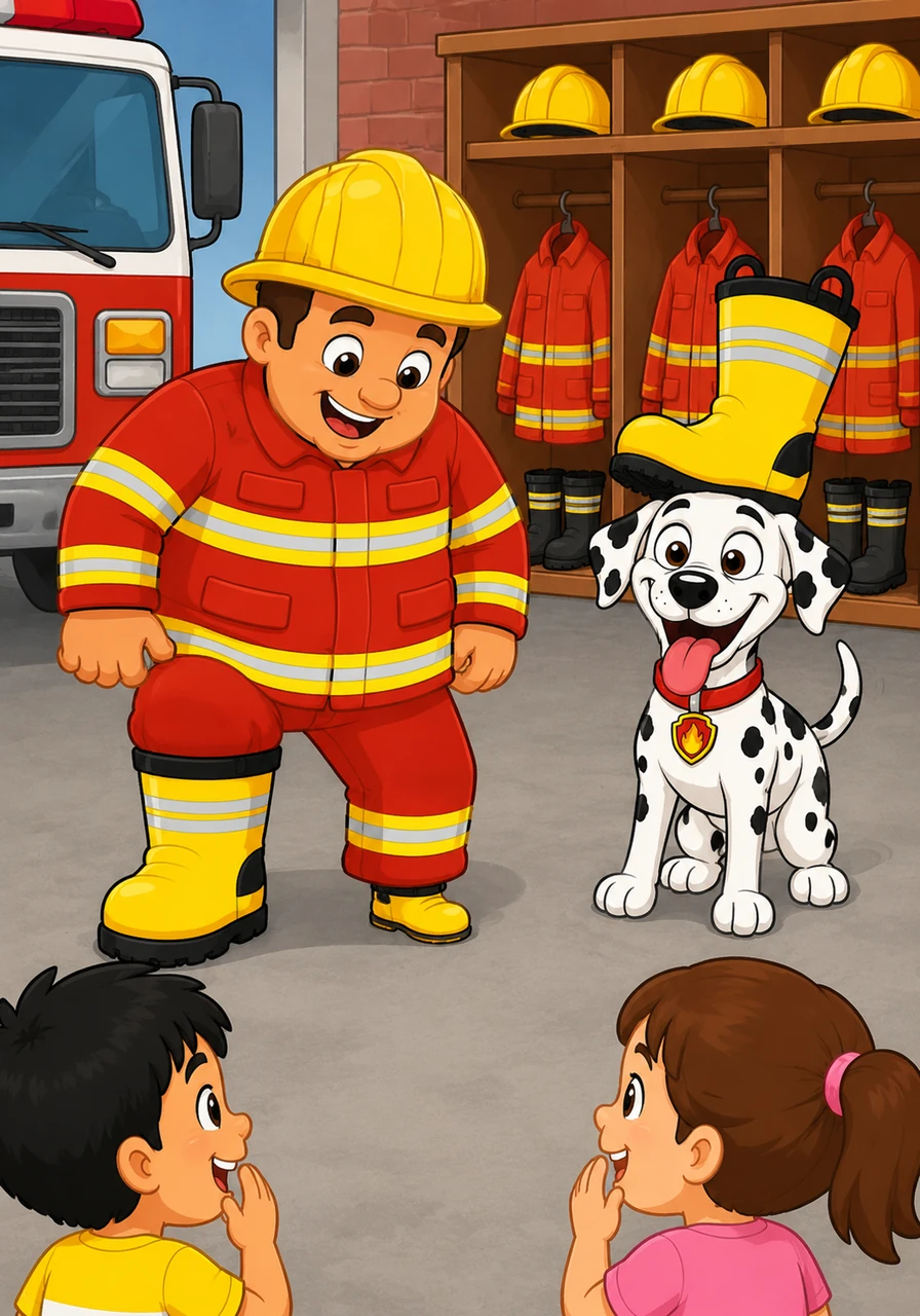 It is time to put on boots. Firefighter Fred puts on one big boot and one tiny boot. Sparky has a big yellow boot on his head! They look very silly. The illustration shows Fred looking down at his feet while Sparky balances a boot. Target Vocabulary: Boots, Big, Small. AAC Core Words: PUT ON, LOOK, SILLY. WH Question: What is on Sparky’s head?
