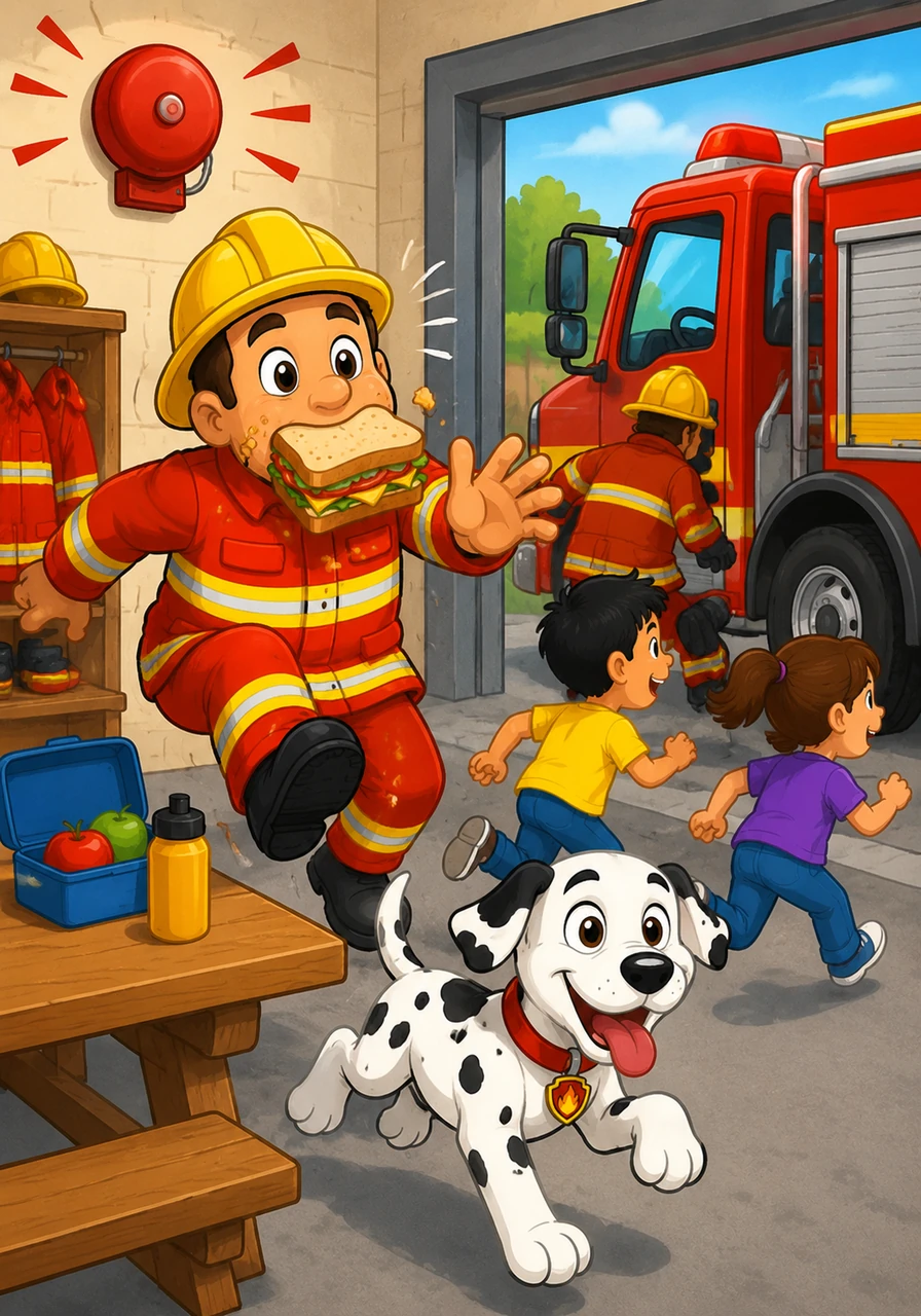 The loud alarm goes "Beep! Beep! Beep!" It is lunch time. Firefighter Fred jumps up with a big sandwich in his mouth and looks very surprised. Everyone starts to run to the truck. The illustration shows Fred with a sandwich and crumbs on his face. Target Vocabulary: Alarm, Eat, Run. AAC Core Words: GO, STOP, EAT. WH Question: What is Fred eating?