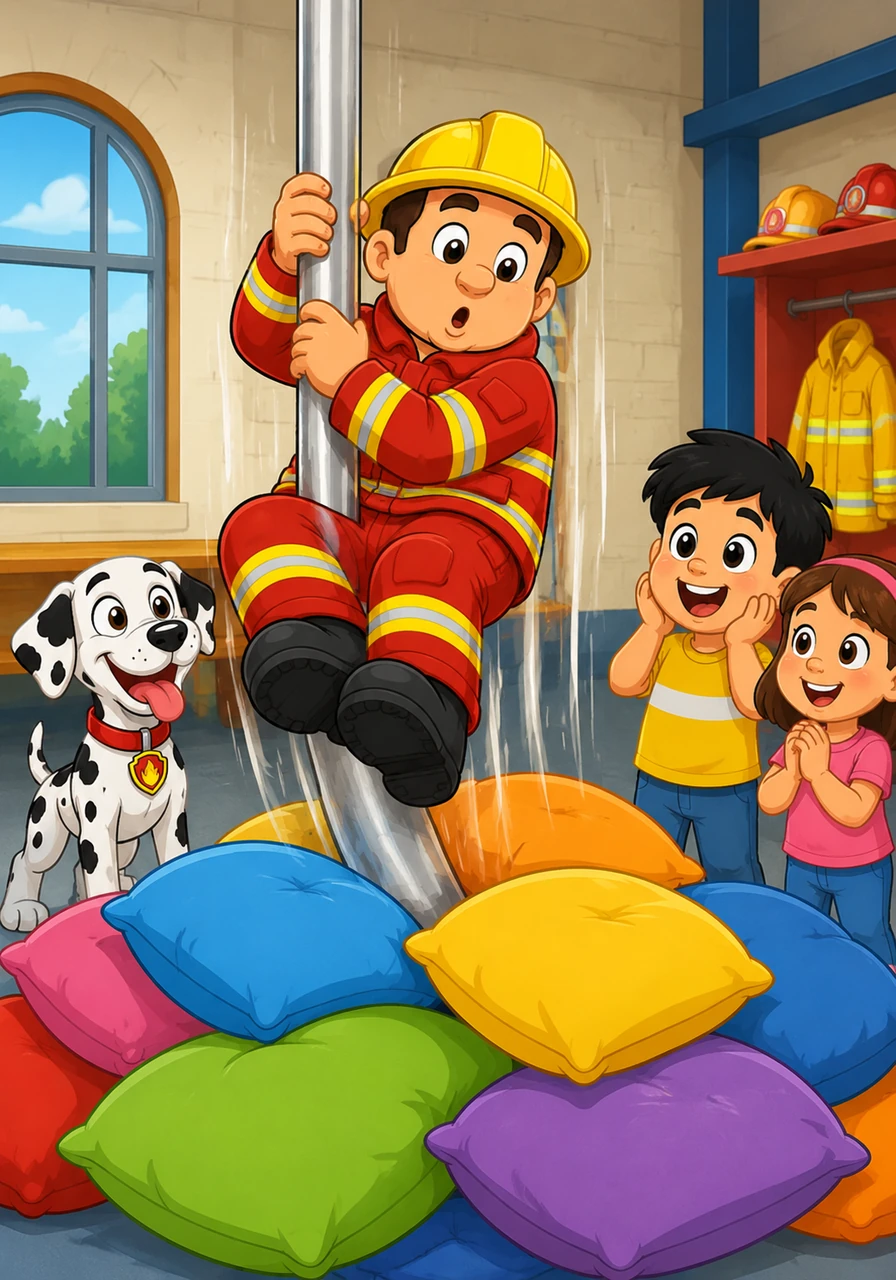 Firefighter Fred slides down the shiny silver pole. He goes very fast! He lands in a soft, silly pile of pillows on the floor instead of his boots. The illustration shows Fred sliding down with a surprised face and pillows at the bottom. Target Vocabulary: Slide, Fast, Down. AAC Core Words: DOWN, FAST, HELP. WH Question: How did he get down?