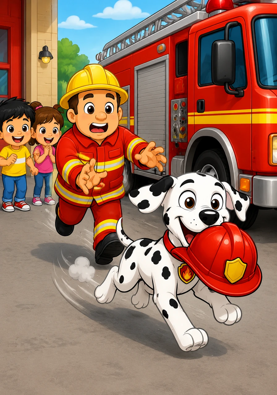 Where is the helmet? Sparky the dog has the shiny red helmet in his mouth! He runs around the red fire truck while the firefighters try to catch him. The illustration shows Sparky running with the helmet and Fred reaching out. Target Vocabulary: Helmet, Run, Catch. AAC Core Words: GET, COME, MINE. WH Question: Who has the helmet?