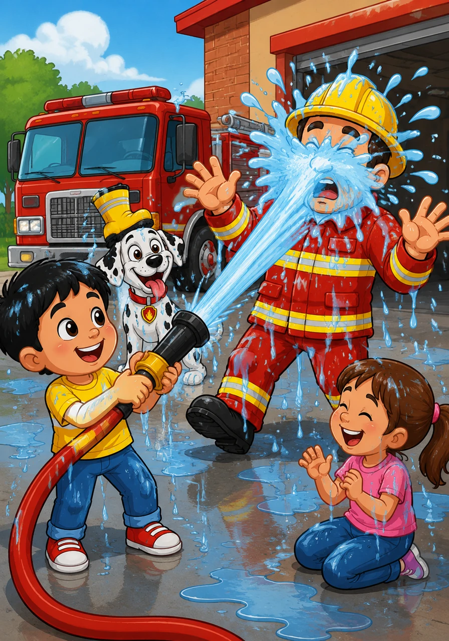 It is time to practice with the long fire hose. Water sprays out "Whoosh!" The water goes the wrong way and soaks a friendly firefighter. Everyone is wet! The illustration shows a firefighter getting sprayed in the face with water. Target Vocabulary: Water, Wet, Hose. AAC Core Words: OH NO, WATER, MORE. WH Question: Who got wet?