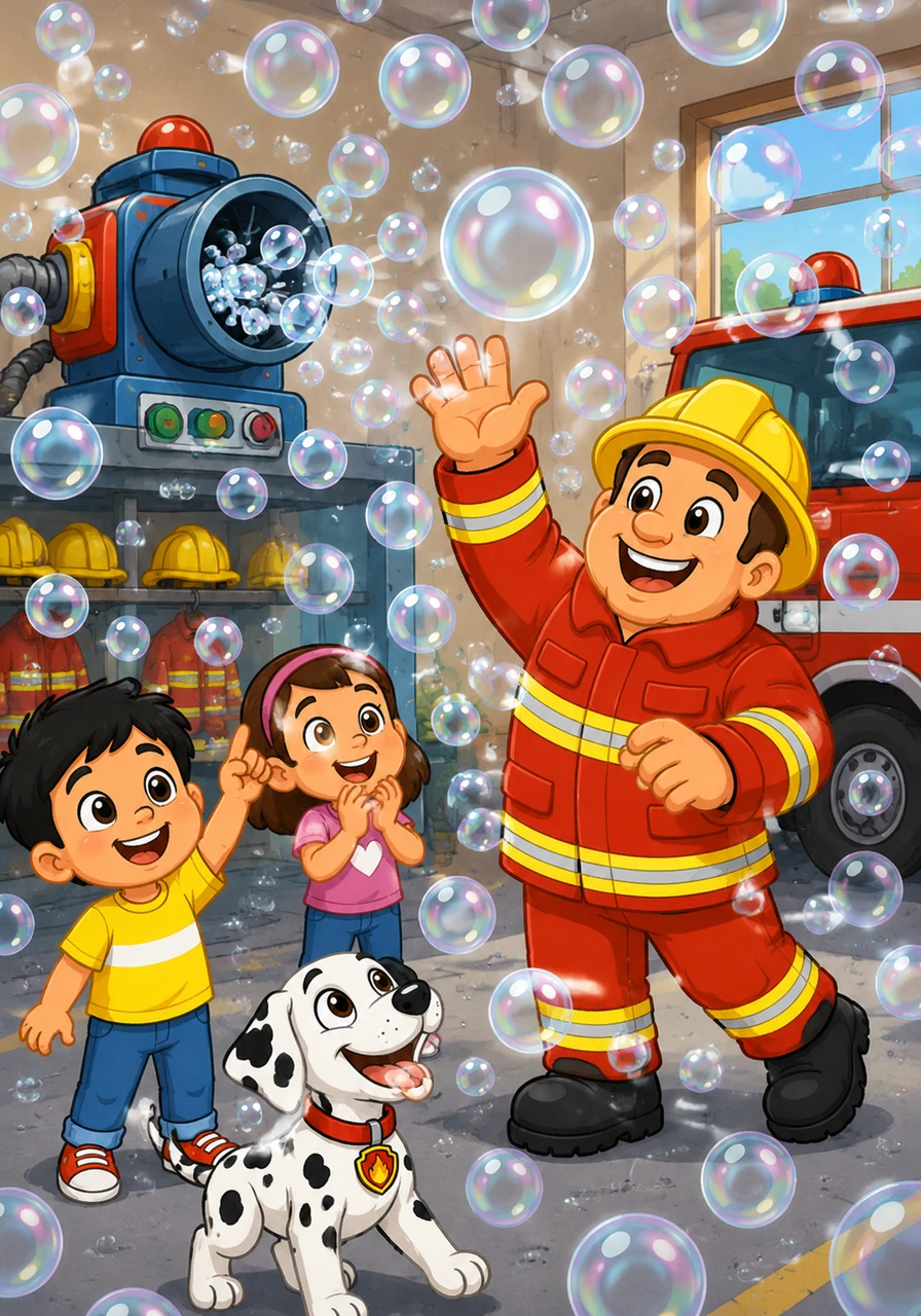 Look at the machine! It is supposed to make smoke, but it makes bubbles instead. The whole station is full of round, floating bubbles. Firefighter Fred tries to catch a bubble. The illustration shows bubbles everywhere and Fred looking happy. Target Vocabulary: Bubbles, Catch, Pop. AAC Core Words: LOOK, UP, POP. WH Question: What is in the station?