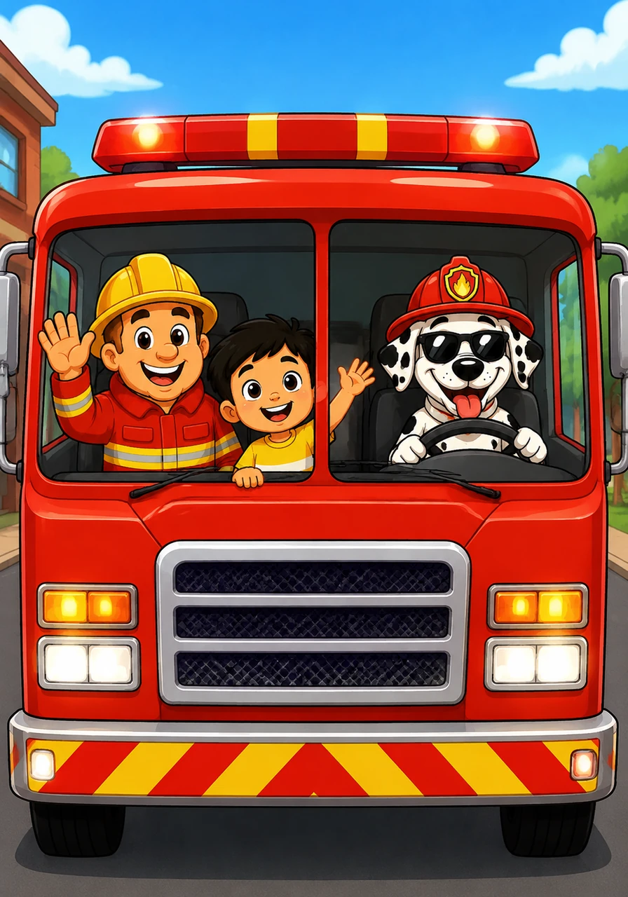 Everyone gets in the big red truck. Sparky the dog sits in the driver's seat wearing cool sunglasses. He says, "Woof! Woof!" The illustration shows Sparky behind the steering wheel looking like a pilot. Target Vocabulary: Truck, Drive, Dog. AAC Core Words: GO, IN, BIG. WH Question: Where is Sparky sitting?