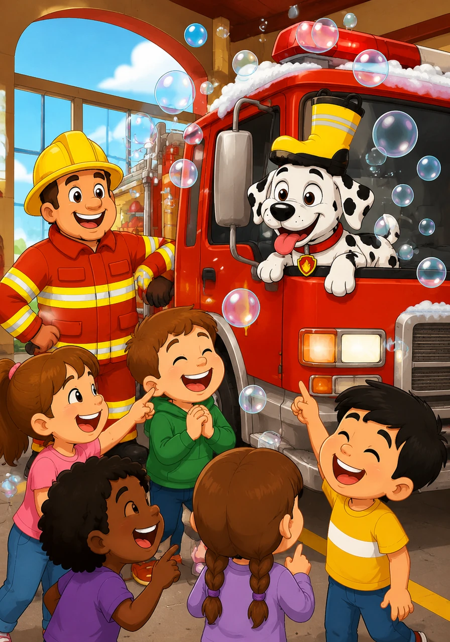The children come to visit the fire station. They see the bubbles and the silly dog in the truck. The children laugh and point at the fun. The illustration shows a group of children smiling and laughing at Sparky. Target Vocabulary: Children, Happy, Laugh. AAC Core Words: LIKE, SEE, HAPPY. WH Question: Why are the children laughing?