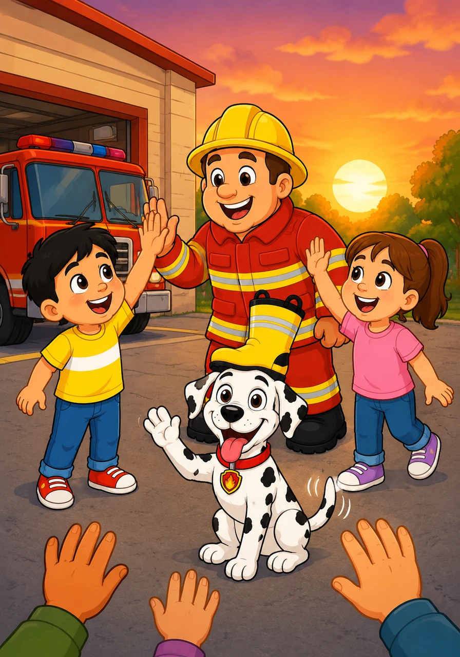 The sun is going down and the day is over. Firefighter Fred gives the children high fives. It was a very silly and happy day at the station. The illustration shows Fred and the kids waving goodbye. Target Vocabulary: Friend, Good, Day. AAC Core Words: ALL DONE, GOOD, BYE. WH Question: Is everyone happy?