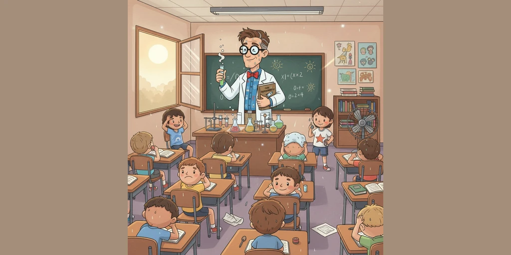 炎热的夏天，教室里像个大蒸笼，同学们都热得满头大汗。酷博士推了推眼镜，指着墙上的空调说：伙伴们，想知道这个方盒子是怎么变出凉风的吗？快上车，我们要出发了！