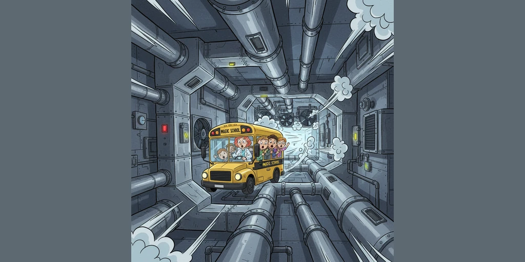 咔嚓一声，神奇校车瞬间缩小，像一只轻盈的小蜜蜂，顺着空调的吸气口飞了进去。同学们惊奇地发现，空调内部竟然是一个充满金属管道的巨大迷宫，空气正呼呼地从身边流过。