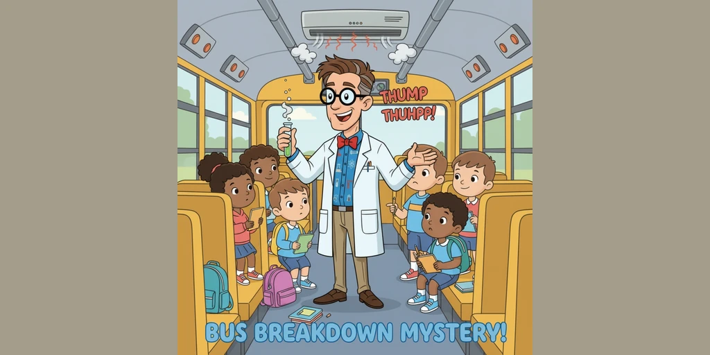 咚咚咚！前方传来了巨大的轰鸣声，这就是空调的心脏——压缩机。校车被一股强大的力量挤压，制冷剂气体被挤得紧紧的，压力变大后，它们的温度也随之变得非常高，大家觉得有点热了。