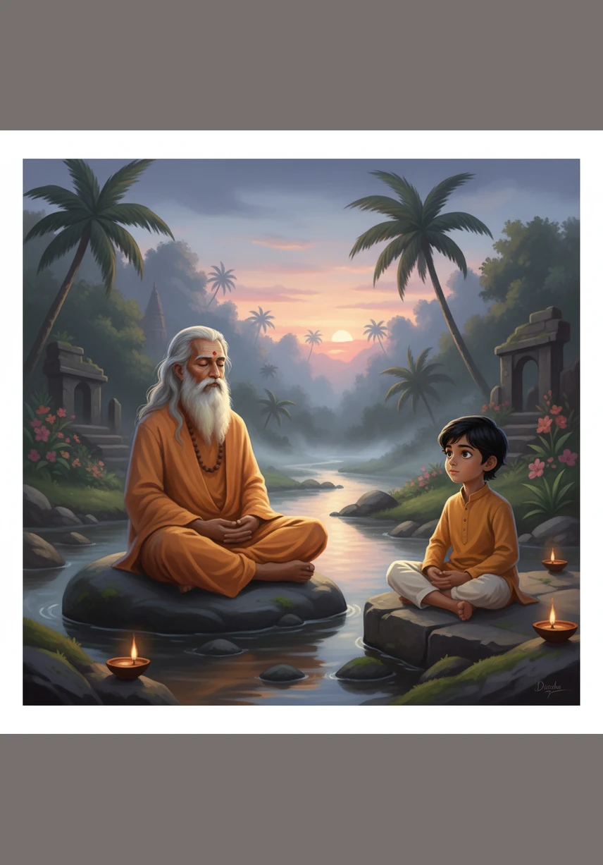 In the deep stillness before dawn, Rishi Vedant sits motionless upon a smooth river rock. The air is cool and heavy with the scent of jasmine, while a soft blue light begins to touch the horizon. Everything is quiet, as if the world is holding its breath in anticipation of the coming day.
