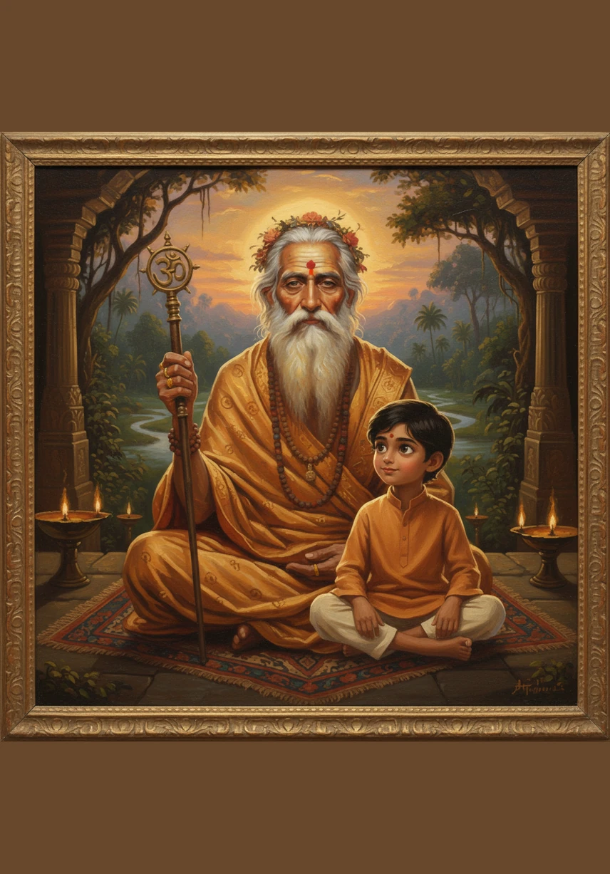 A gentle mist clings to the surface of the sacred river, swirling like ghostly dancers around the sage’s form. Rishi Vedant’s eyes are closed, his face a picture of absolute serenity amidst the shadows. A faint, golden aura begins to pulse around him, mirroring the first hints of light in the eastern sky.