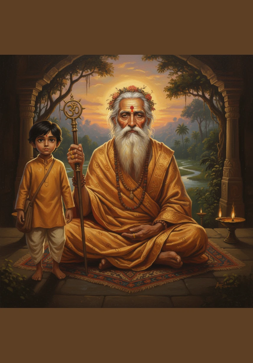From the shadows of a nearby banyan tree, a young boy named Aryan watches the sage with wide, curious eyes. He has come seeking the secret to the calm he sees in the master's posture. He steps softly on the damp grass, careful not to disturb the profound silence of the sacred hour.