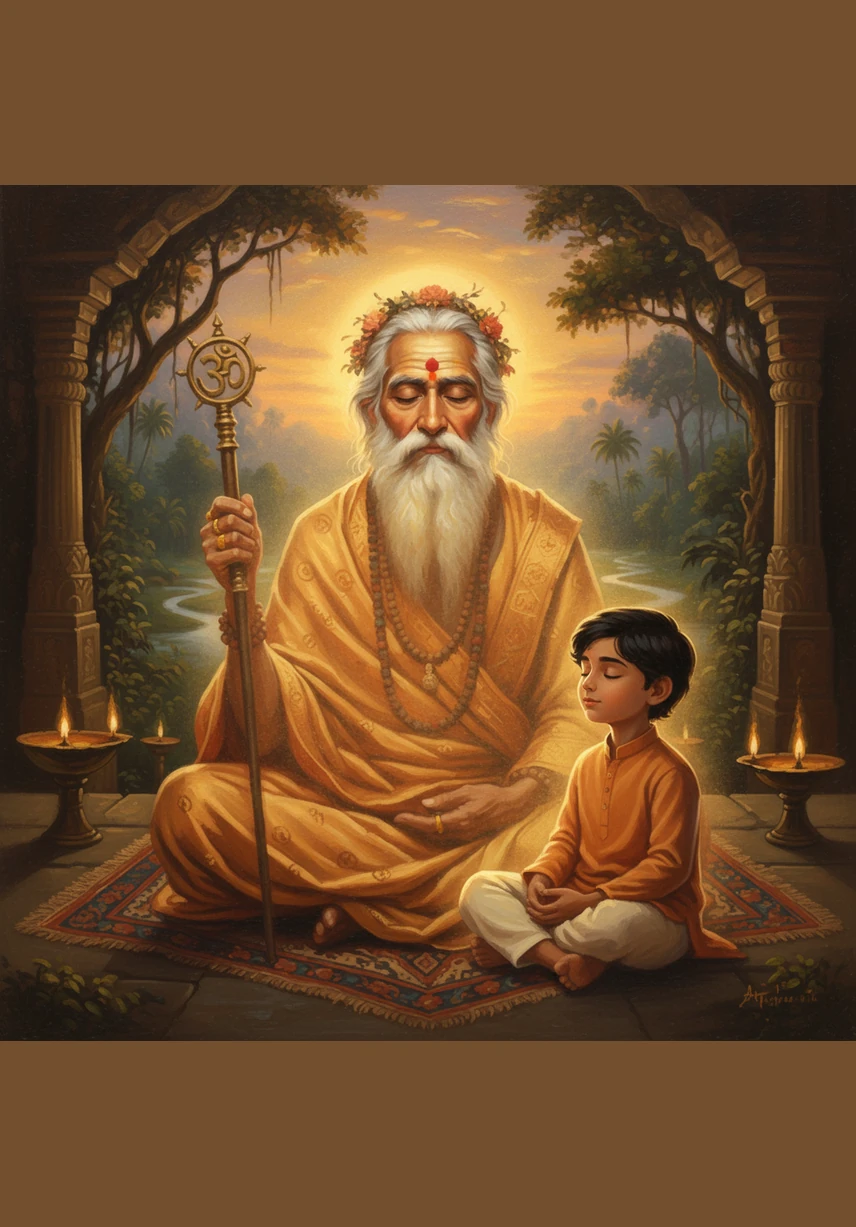 The sage guides Aryan in a slow, deep breath, teaching him to draw in the purity of the morning air. As they breathe together, the golden glow around the sage intensifies, casting soft light onto the river’s ripples. The boy feels a strange, warm energy flowing through his limbs, calming his restless thoughts.