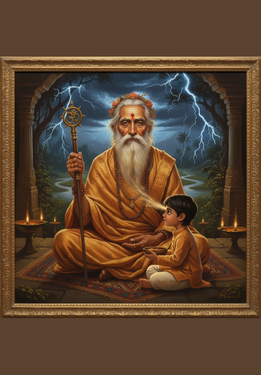 The world transforms from blue and grey to vibrant shades of orange, gold, and pink. The river reflects the burning sky, turning into a flowing ribbon of liquid fire. Rishi Vedant stands up, his simple robes glowing in the new light, looking like a part of the sunrise itself.