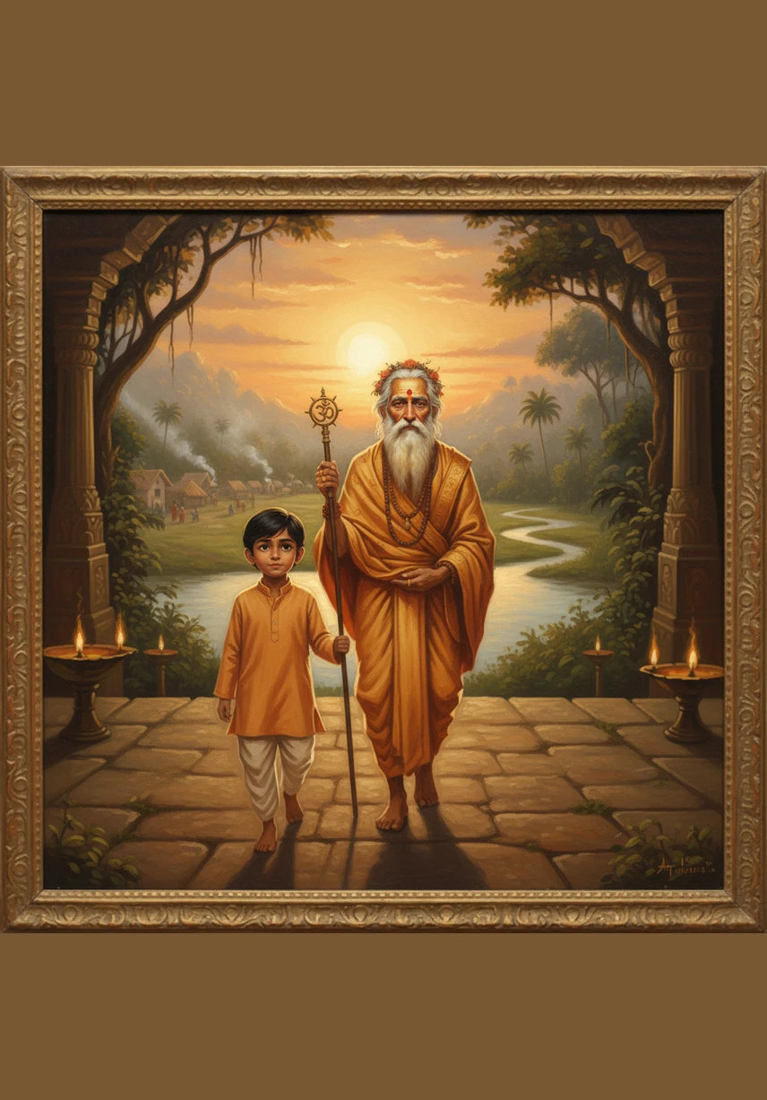 As the sun fully ascends, the village in the distance begins to stir with the sounds of daily life. The sage and his disciple walk slowly back toward the temple, carrying the stillness of the dawn in their hearts. Though the day has begun, the magic of the sacred hour remains a part of them forever.