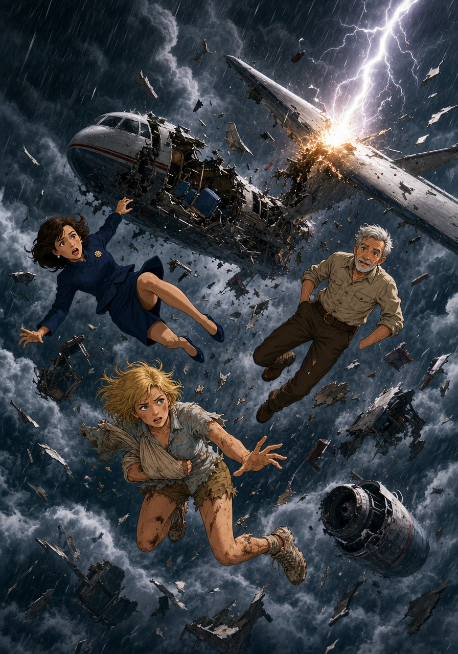 Suddenly, a violent thunderstorm trapped the plane, tossing it through the air like a leaf in the wind. A blinding flash of lightning struck the wing, and with a terrifying roar, the aircraft broke apart high above the clouds, scattering into the dark sky.