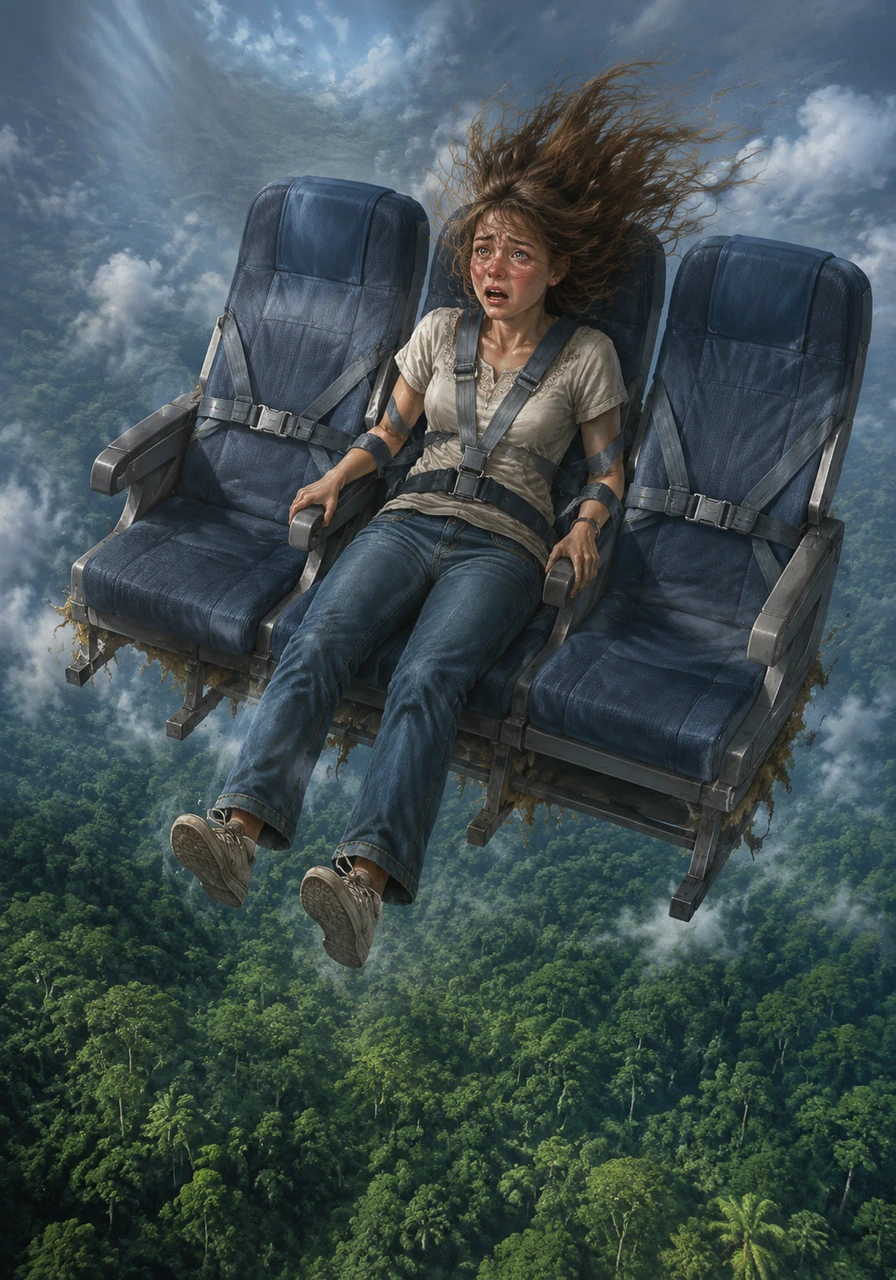 Juliane found herself falling through the freezing air, still strapped securely to her row of airplane seats. The wind whipped furiously against her face as the green canopy of the jungle rushed up from below to meet her, before everything went completely black.