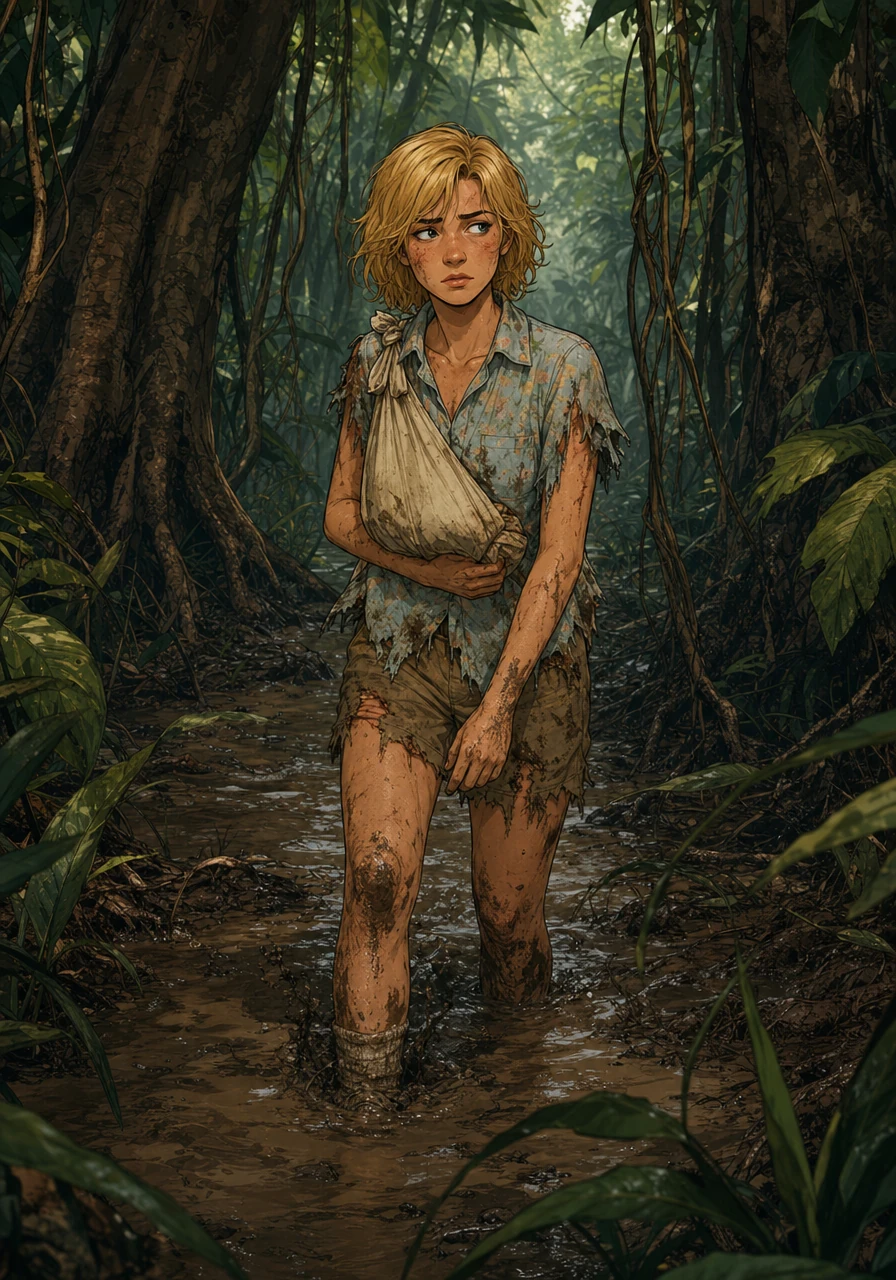 Days blended into nights as Juliane walked through the dense, tangled jungle, wading through deep mud and cloudy water. Giant trees towered over her like green giants, and the constant buzzing of mosquitoes and strange animal cries filled the hot, humid air.