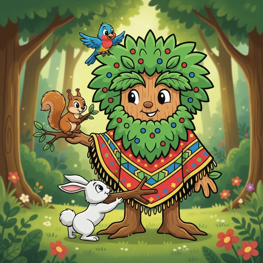 La ardilla, con su agilidad, subió a las ramas. El pájaro, con su visión, guio a la ardilla. El conejito, con su fuerza, empujó la rama hasta su lugar. Trabajaron en equipo, codo con codo.