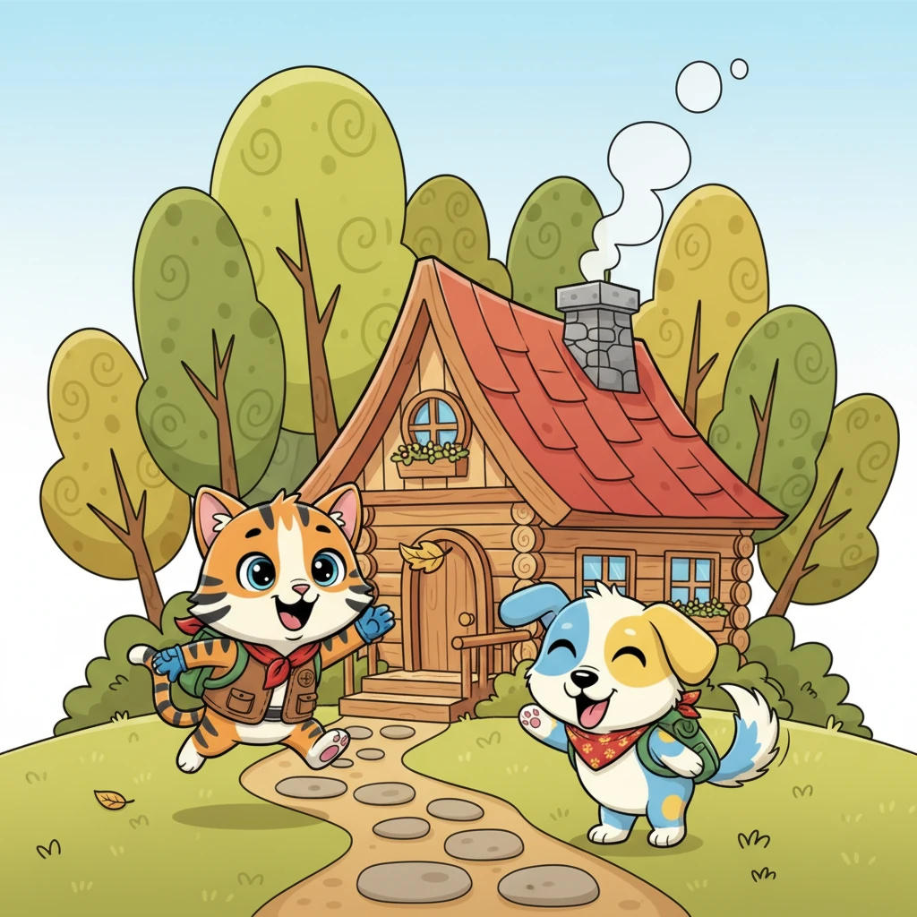 Tigro the cat, with his bold stripes, loved to pounce and play. His best friend, Pongo the dog, a big fluffy ball of joy, wagged his tail so hard his whole body wiggled. They lived in a cozy little cottage right on the edge of the Whispering Woods, where every day was an invitation to fun.
