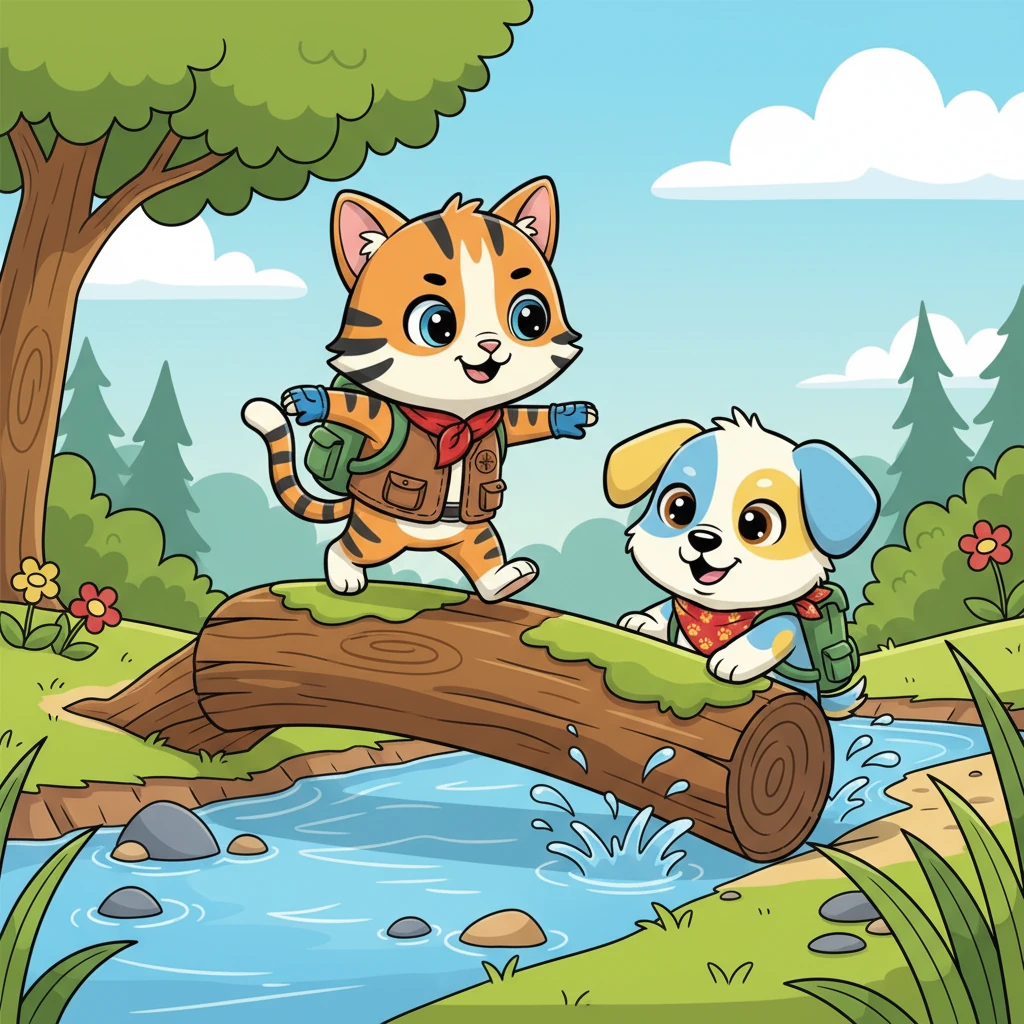 Their journey began with a bouncy hop and a determined purr. Soon, they reached a bubbling brook that was too wide for Squeaky to cross. Tigro carefully balanced on a wobbly log, while Pongo, with his strong paws, gently nudged the log into place, creating a perfect bridge.