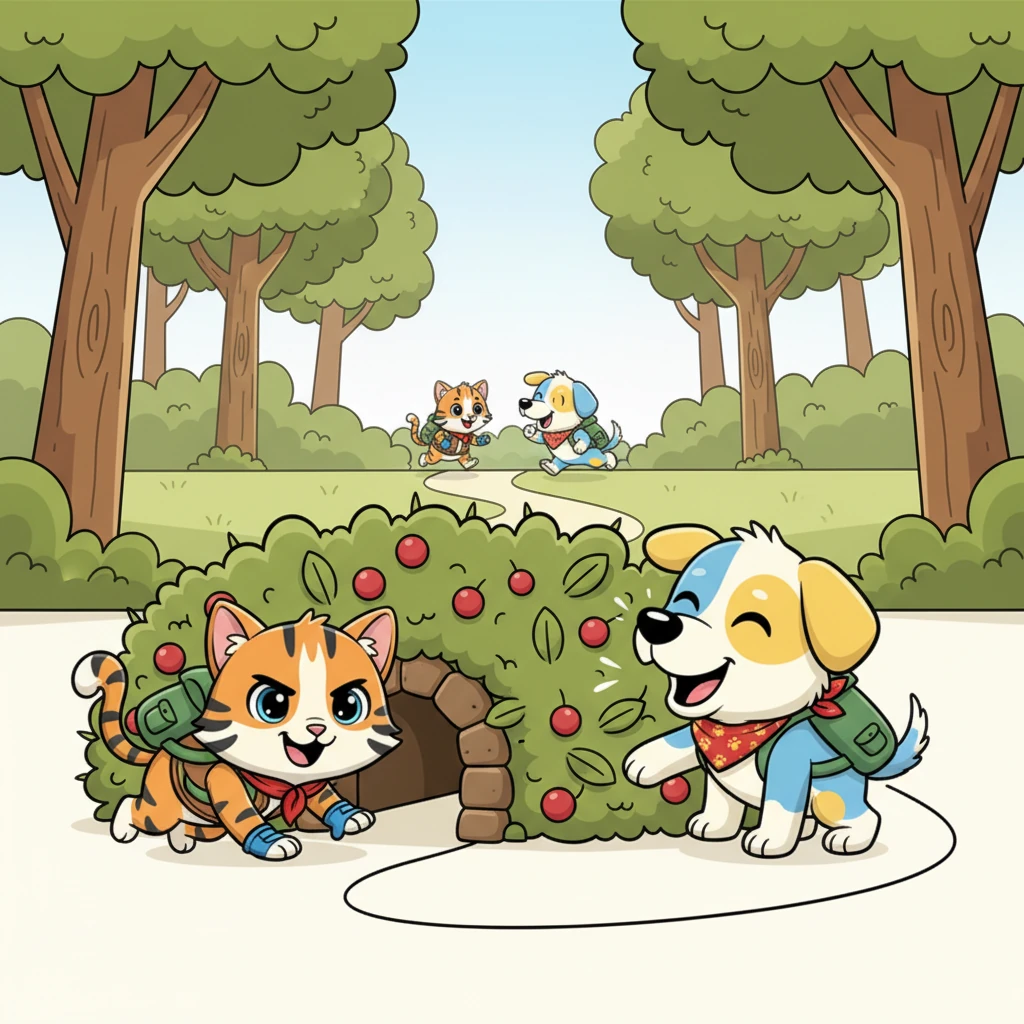 Deeper in the woods, thorny bushes blocked their path. Tigro, small and agile, found a secret tunnel beneath the brambles. Pongo, too big to fit, used his nose to sniff out a path around the thicket, guiding Tigro with happy barks until they met again on the other side.