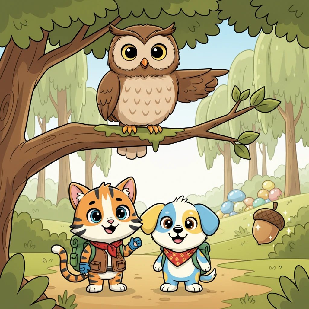 Suddenly, they met Barnaby Owl, perched wisely on a branch. "Hoo-hoo, travelers!" Barnaby hooted. "Are you looking for something shiny? I saw a sparkly acorn near the Giggle-stone Glade, past the Whispering Willows." He pointed with a wing, helping them on their way.