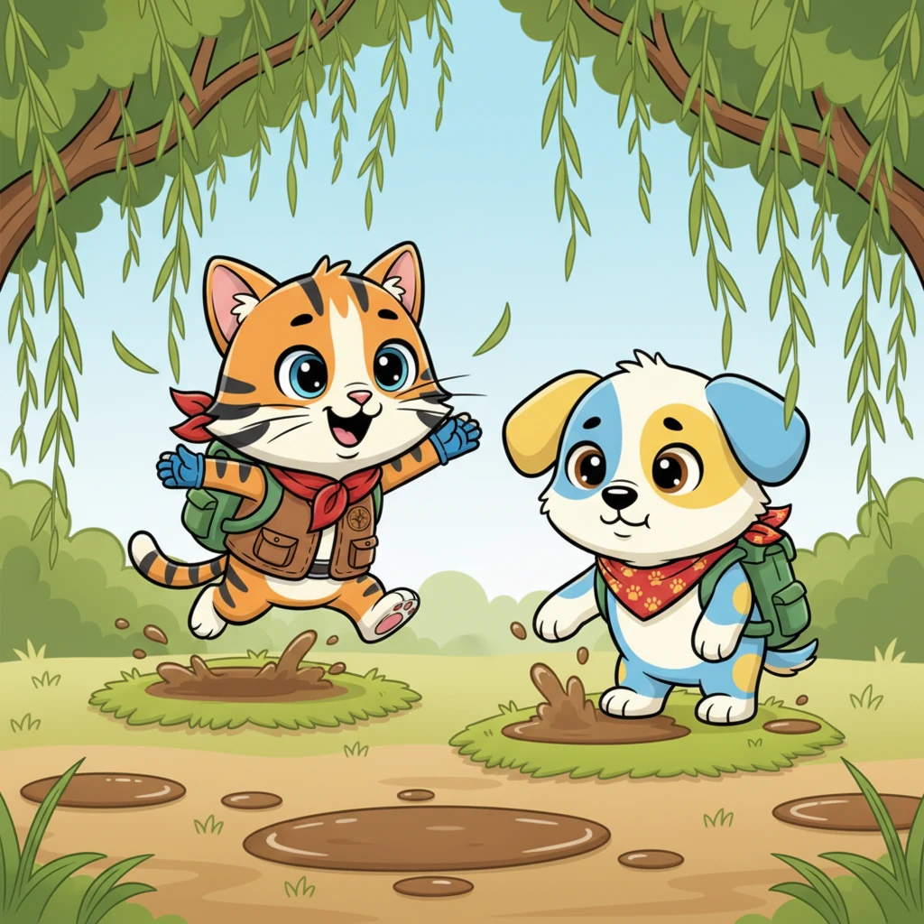The Whispering Willows rustled playfully, their long branches tickling Tigro's whiskers and Pongo's ears. The ground here was squishy and muddy. Tigro leaped from dry patch to dry patch, while Pongo carefully tested the ground with each big paw, making sure it was safe for them both.