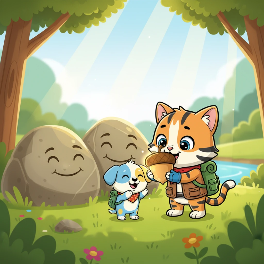 Finally, in the sun-dappled Giggle-stone Glade, nestled between two smooth, laughing rocks, they spotted it! Squeaky's lucky acorn, shining brightly just as he described. Tigro carefully nudged it with his nose, and Pongo scooped it up gently with his soft mouth.