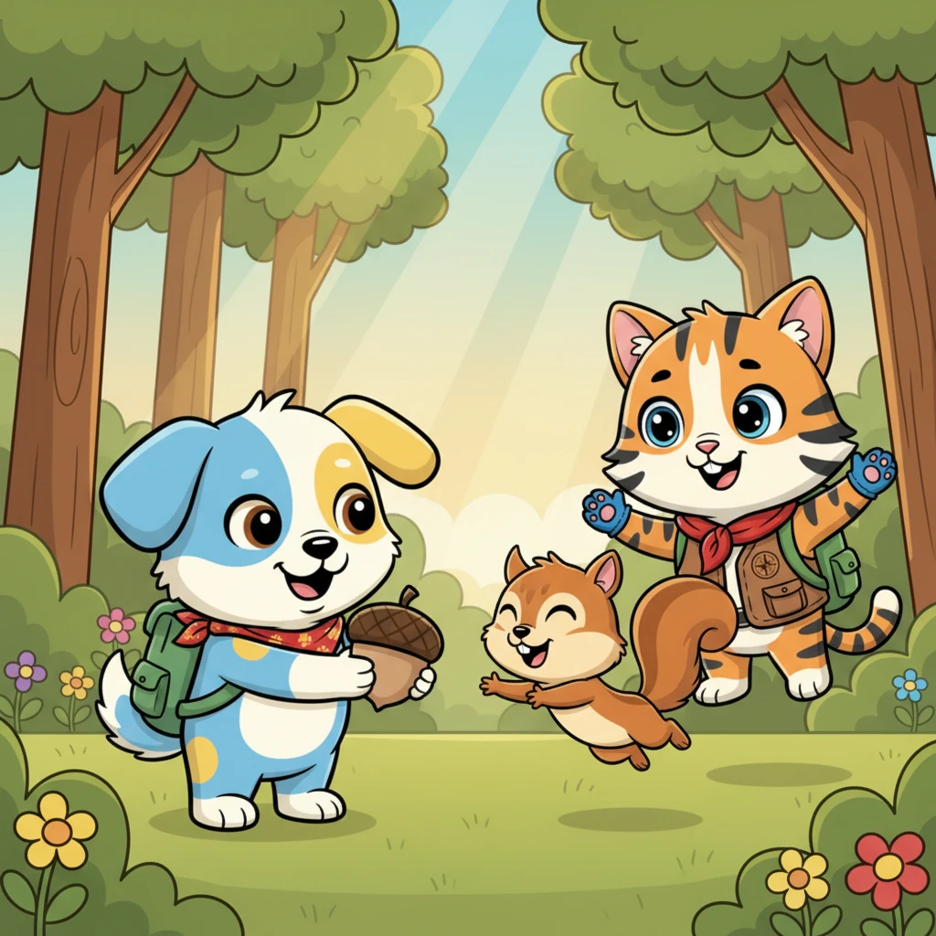 With the precious acorn safely in Pongo's care, they hurried back through the woods. Squeaky was overjoyed to see them, leaping with delight as Pongo carefully placed the acorn back into his paws. "Oh, thank you, thank you!" Squeaky chirped, hugging his lucky treasure.