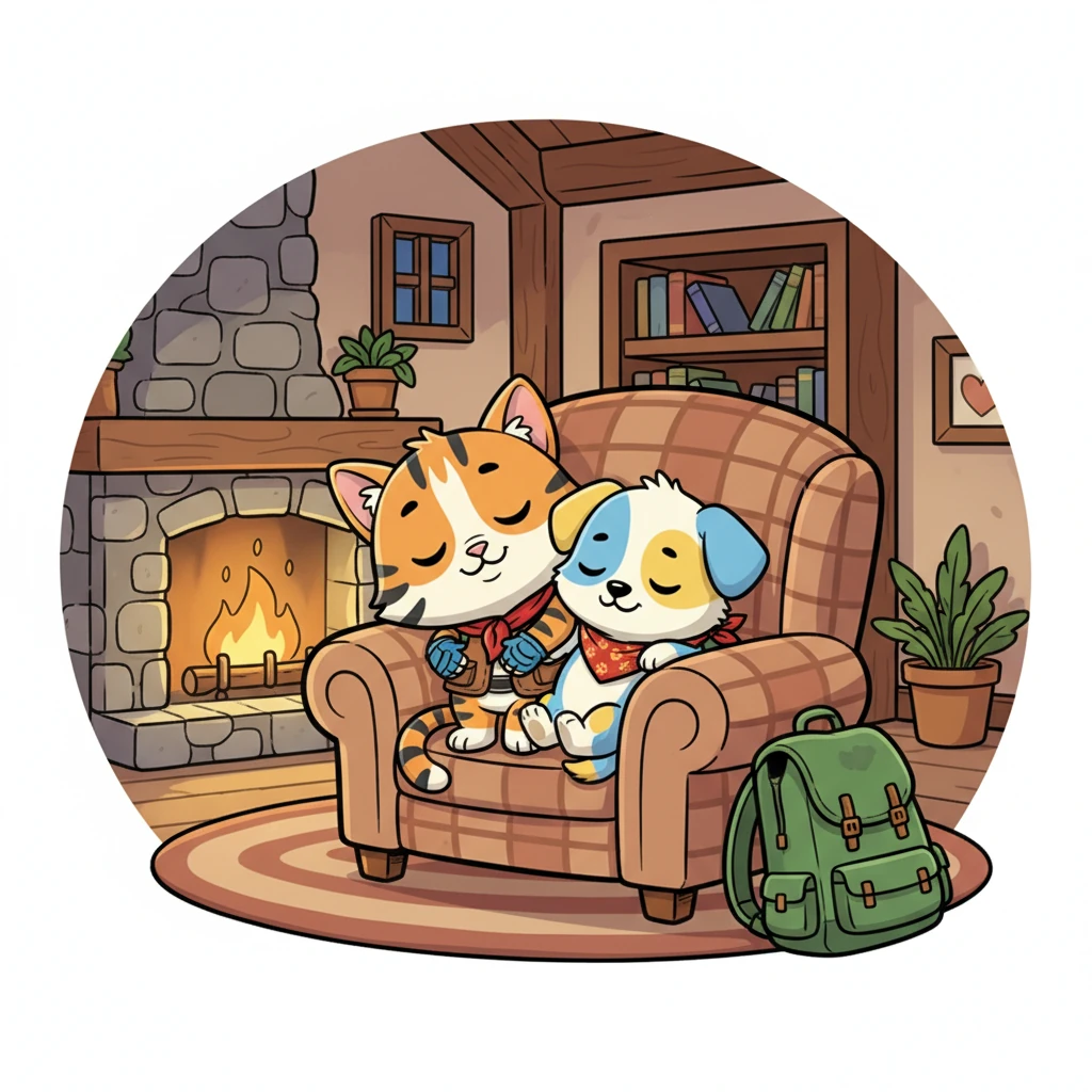 Tigro and Pongo, tired but triumphant, snuggled together back at their cozy cottage. They knew that working together, a brave cat and a loyal dog could solve any problem and make any adventure truly special. Their friendship was the greatest treasure of all.