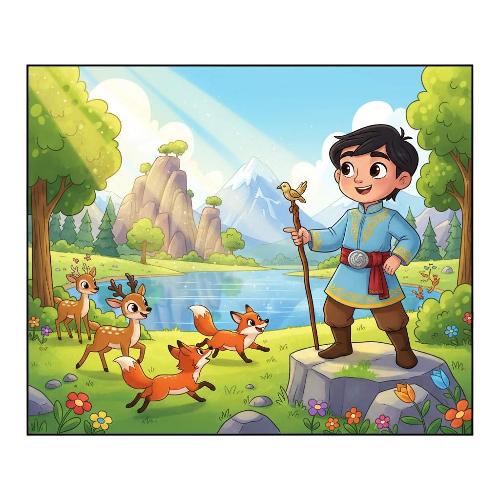 Бурабайдың таңғажайып таулары мен мөлдір көлі жайнап тұр. Күн сәулесі тастарға түсіп, айналадағы ағаштар мен гүлдерге нұрын шашады. Көңілді бұғылар мен ақылды түлкілер жасыл шалғында ойнап жүр, ауада қуаныш пен бейбітшілік сезімі қалықтайды.