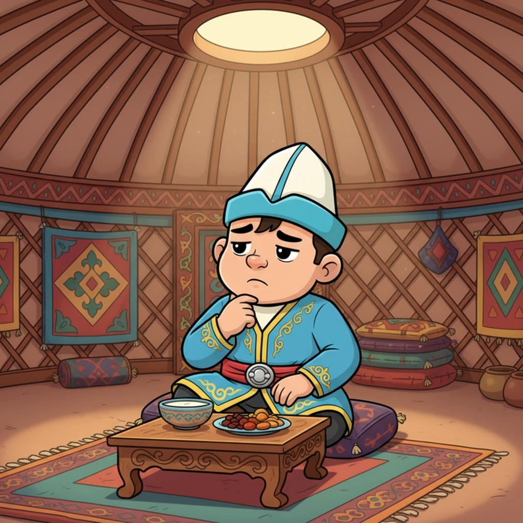 Абылай хан өзінің үлкен, сәнді киіз үйінде отыр. Оның жүзінде терең ой мен алаңдаушылық бар, өйткені ол халқының қауіпсіздігі мен болашағы туралы ойланады. Киіз үйдің іші жылы әрі жайлы, бірақ ханның жүрегінде маңызды шешім қабылдау қажеттілігі бар.