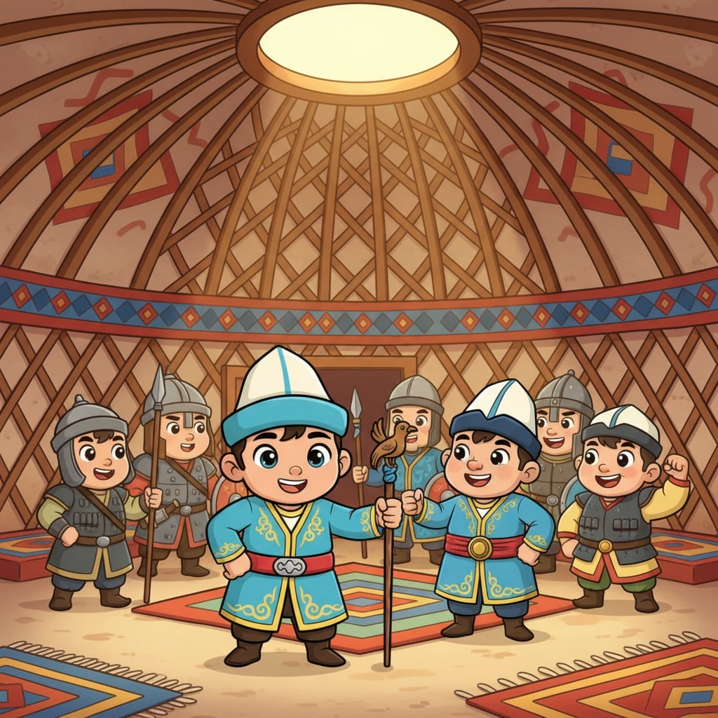 Киіз үйдің ішіне көптеген ержүрек батырлар жиналған. Олардың бәрі мықты, бірақ шыдамсызданған түрлері бар, олар шайқасқа шығуды асыға күтеді. Кейбіреулері найзаларын ұстап, кейбіреулері бір-бірімен күбірлесіп, үлкен іске дайын екендерін көрсетеді.