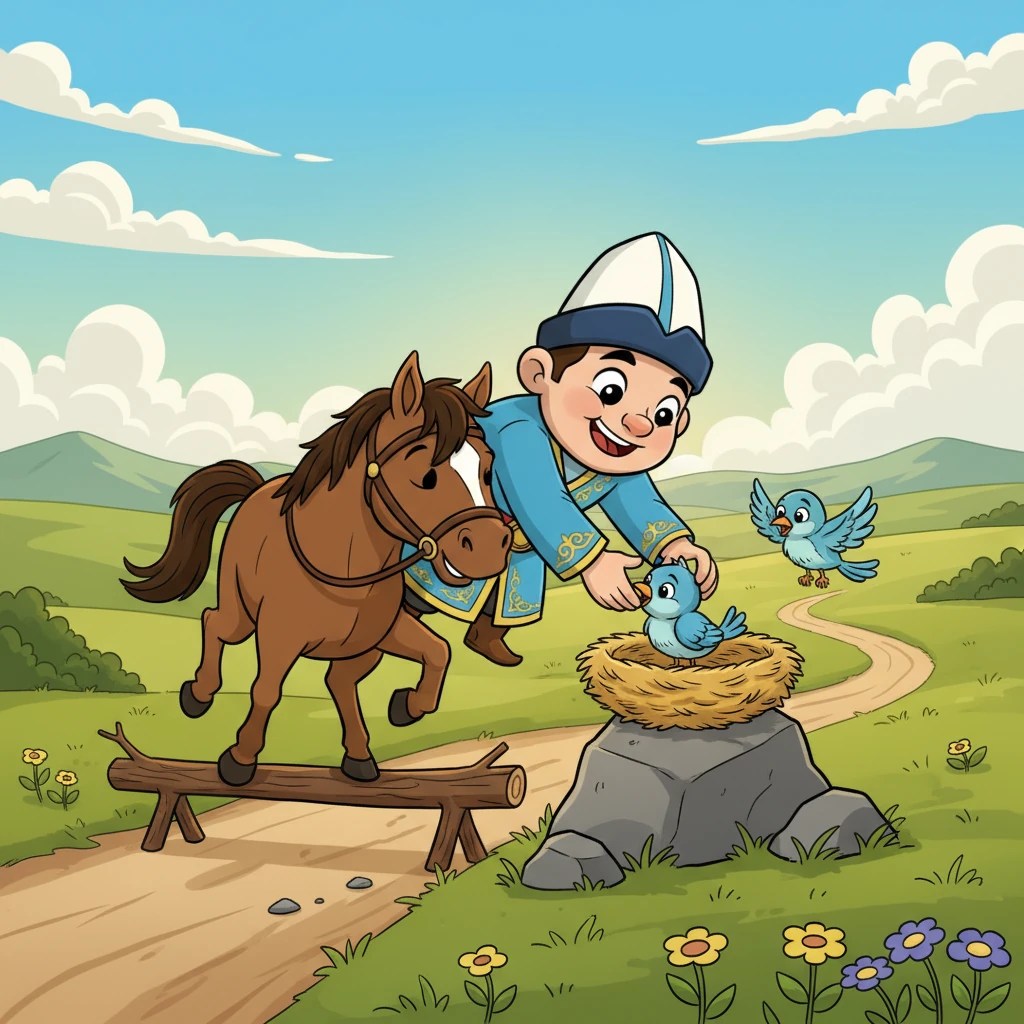 Осы кезде Батыр Баян алыс жолда келе жатыр. Ол өзінің сенімді тұлпарына мініп, бір кішкентай, бірақ көңілді кедергіден өтіп барады. Ол жолда бір құлап қалған құсты ұясына қайтаруға көмектеседі, бұл оның мейірімді жүрегін көрсетеді.