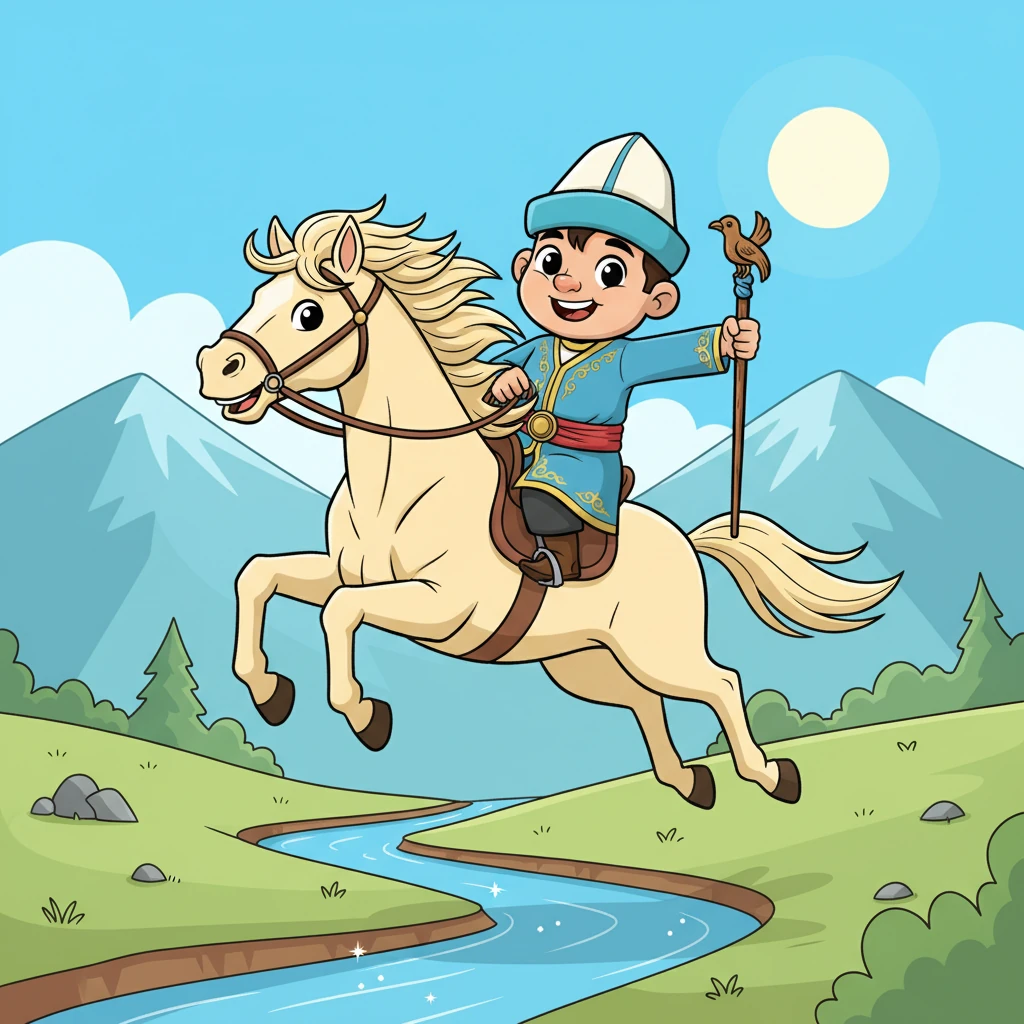 Баянның тұлпары, желдей ескен жүйрік ат, таулы жолдарды оңай өтіп барады. Ол жолындағы кішкентай өзеннен секіріп өтеді. Баян мен оның тұлпарының көңілді сапары олардың мақсатына жетуге деген табандылығын білдіреді.