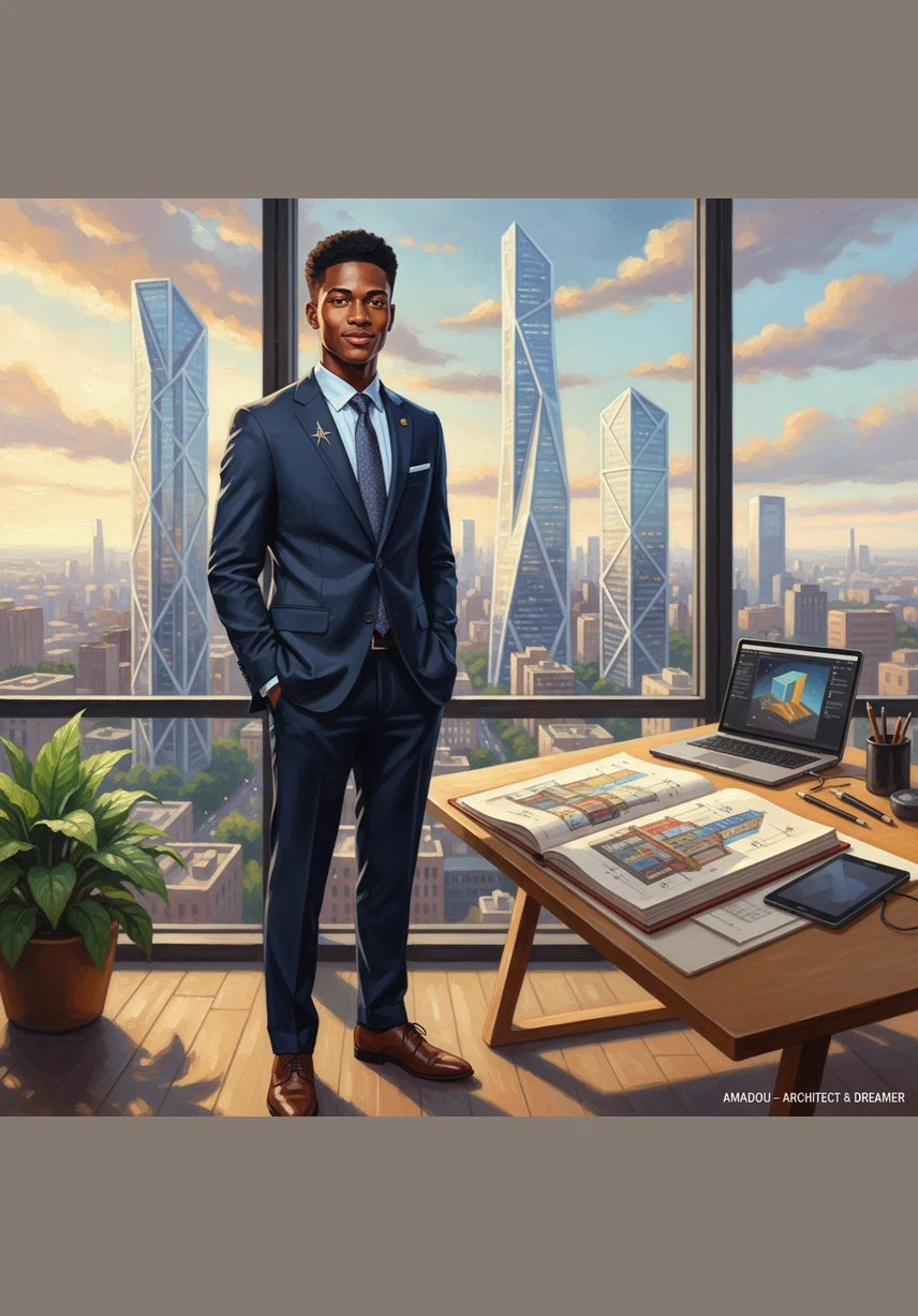 Amadou se tient fièrement devant un horizon urbain moderne, tenant une tablette affichant des graphiques financiers ascendants. L'atmosphère est professionnelle et inspirante, symbolisant le début de son ascension vers la maîtrise des marchés mondiaux.