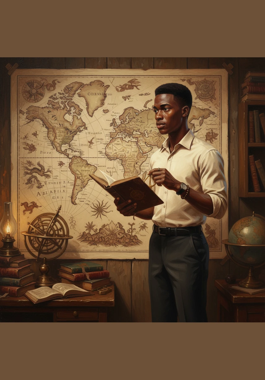 Amadou observe une carte du monde stylisée où s'entremêlent des symboles de monnaies internationales, d'actions et de crypto-monnaies. Il apprend que le marché est un océan d'échanges constants où l'offre et la demande dictent le mouvement de chaque actif financier.