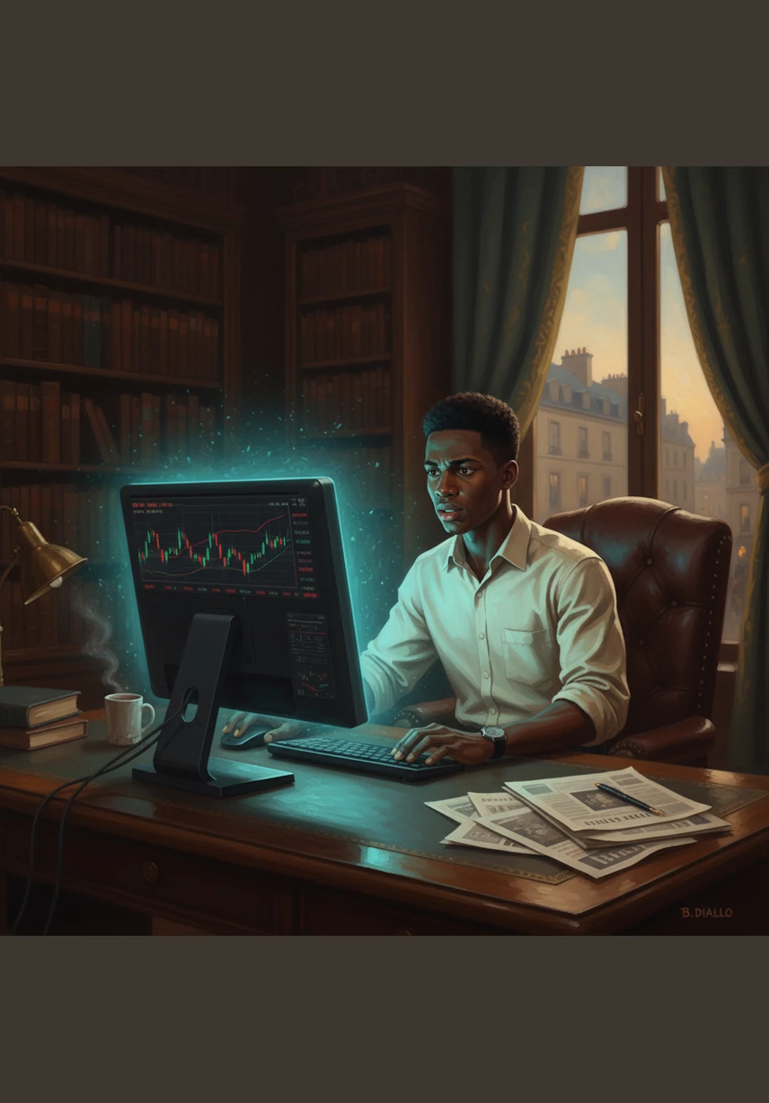 Sur son écran, des bougies japonaises rouges et vertes s'alignent pour raconter l'histoire des prix à travers le temps. Amadou apprend à lire ces formes géométriques pour identifier les tendances haussières et baissières qui guident les décisions des investisseurs chevronnés.