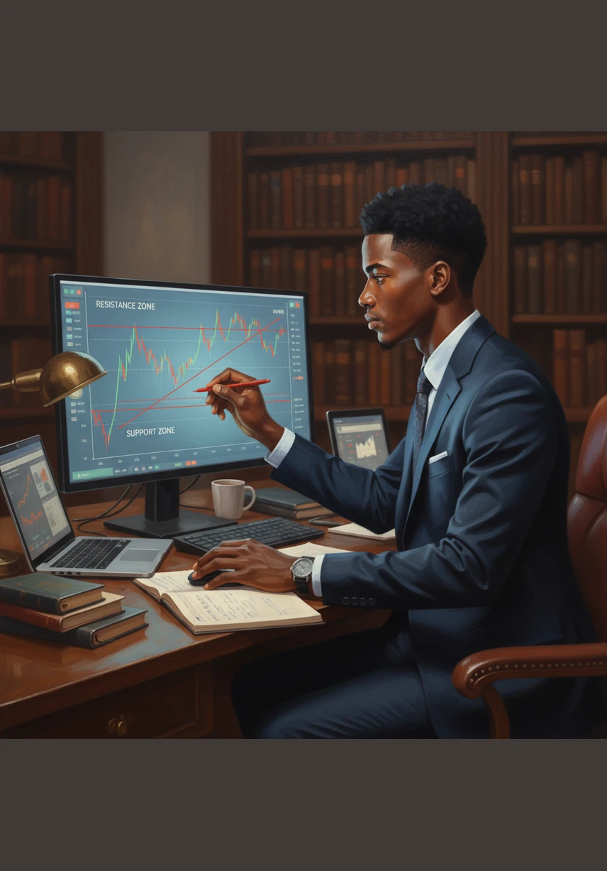 Avec précision, Amadou trace des lignes horizontales sur son graphique pour marquer les zones de support où le prix rebondit et les résistances où il plafonne. Ces barrières invisibles deviennent ses points de repère essentiels pour anticiper les futurs mouvements du marché.
