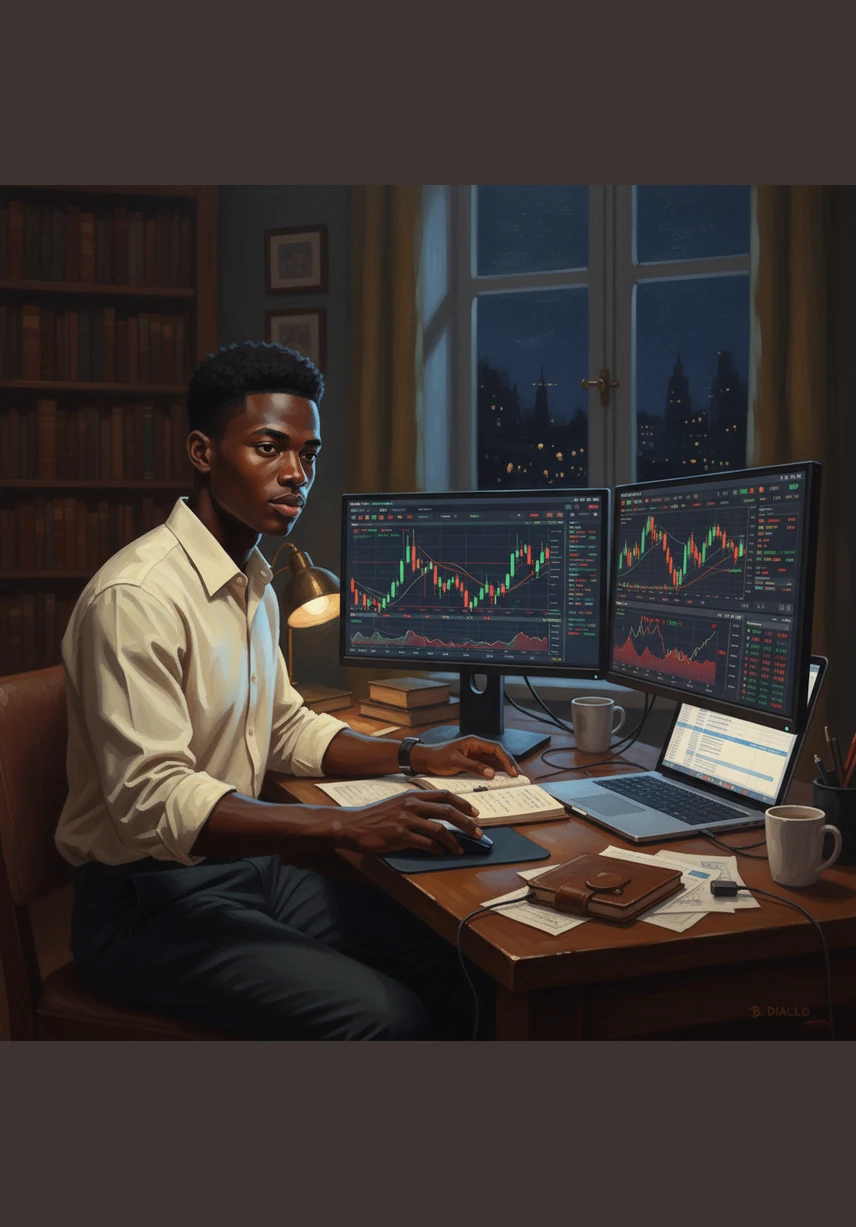 Il ajoute des indicateurs techniques comme le RSI sous son graphique pour mesurer la force des mouvements et éviter d'acheter quand le marché est saturé. Ces outils mathématiques transforment le chaos des chiffres en signaux clairs et exploitables pour sa stratégie quotidienne.