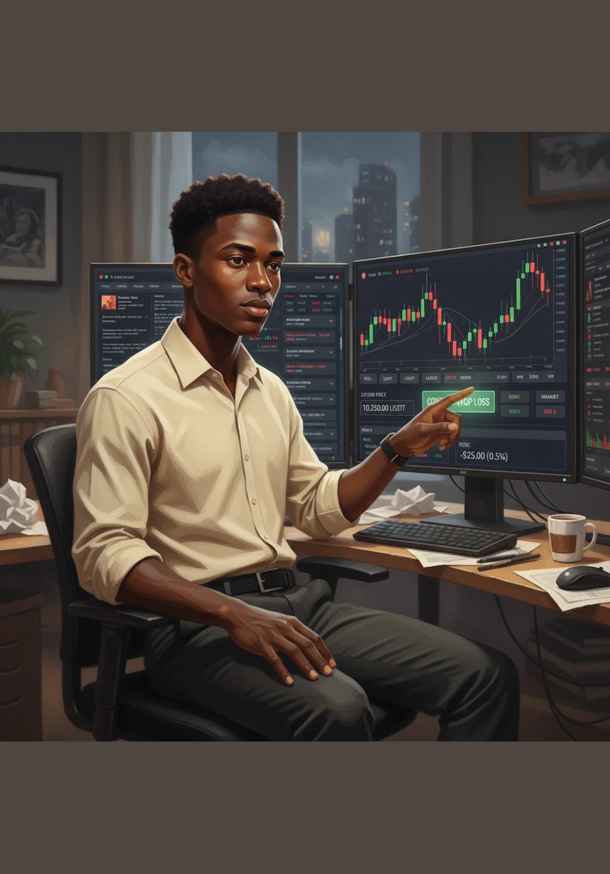 La sécurité devient la priorité d'Amadou lorsqu'il configure un Stop Loss pour protéger son capital contre les retournements imprévus. Il visualise un bouclier solide entourant ses économies, lui permettant de rester serein même face à la volatilité du marché.