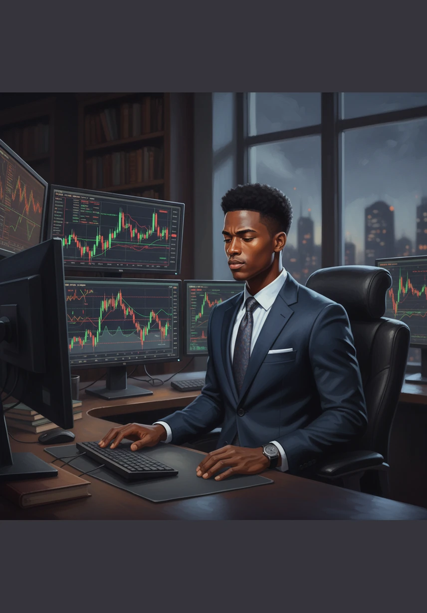 Face à un graphique agité, Amadou respire profondément pour garder son calme et ne pas céder à la peur ou à l'avidité. Il comprend que la maîtrise de ses émotions et la discipline mentale sont les véritables secrets de la réussite à long terme.