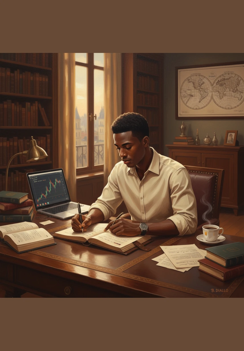 Dans un carnet élégant, Amadou rédige son plan de trading personnalisé avec des règles strictes sur ses points d'entrée et de sortie. Ce document devient sa boussole stratégique, garantissant qu'il agit toujours avec méthode plutôt qu'avec impulsion.