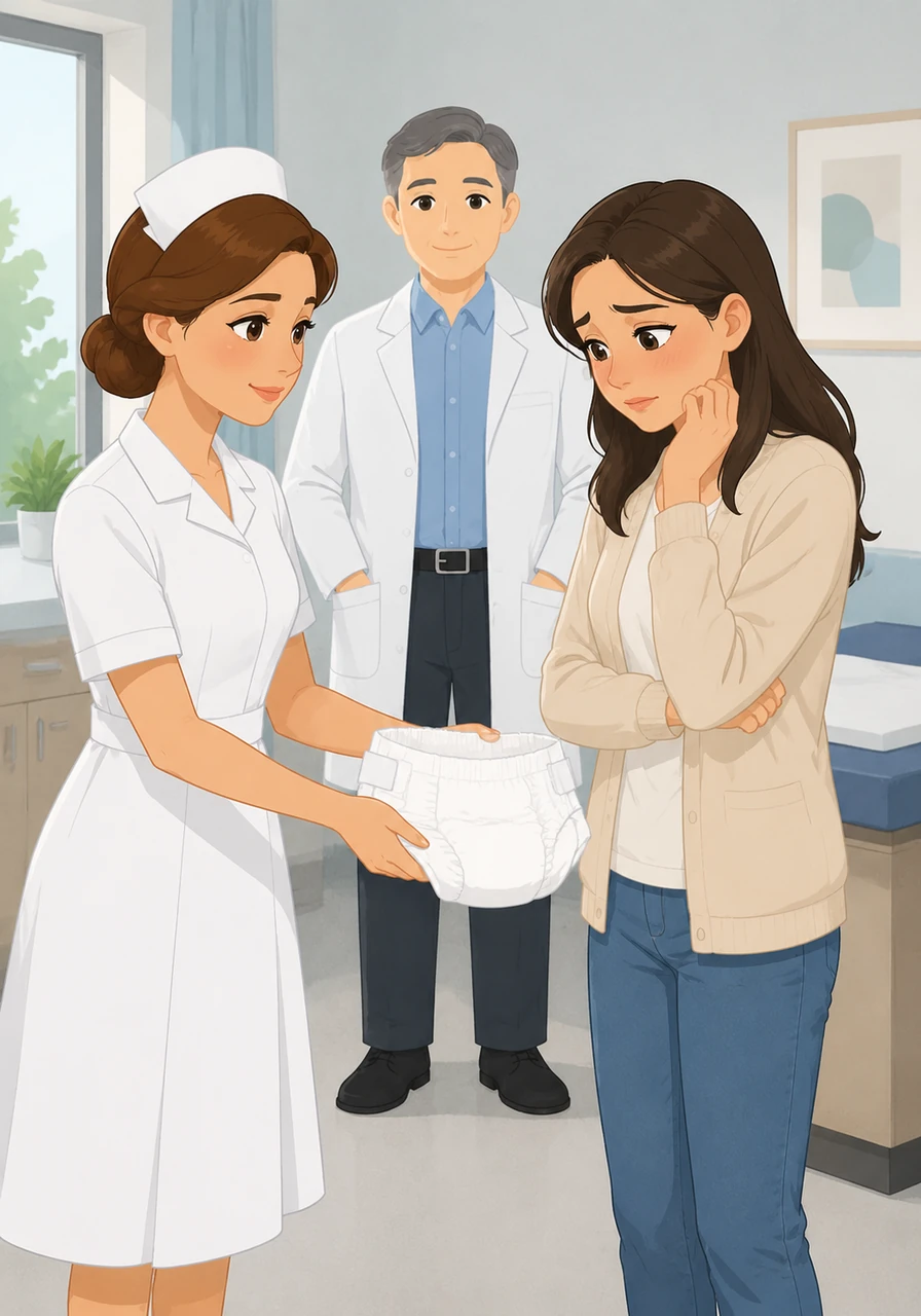 Because the treatment caused temporary mobility and bladder weakness, the nurse discreetly brought out a thick medical diaper. Maya felt a flush of embarrassment, but the nurse's professional and empathetic demeanor helped ease her anxiety.